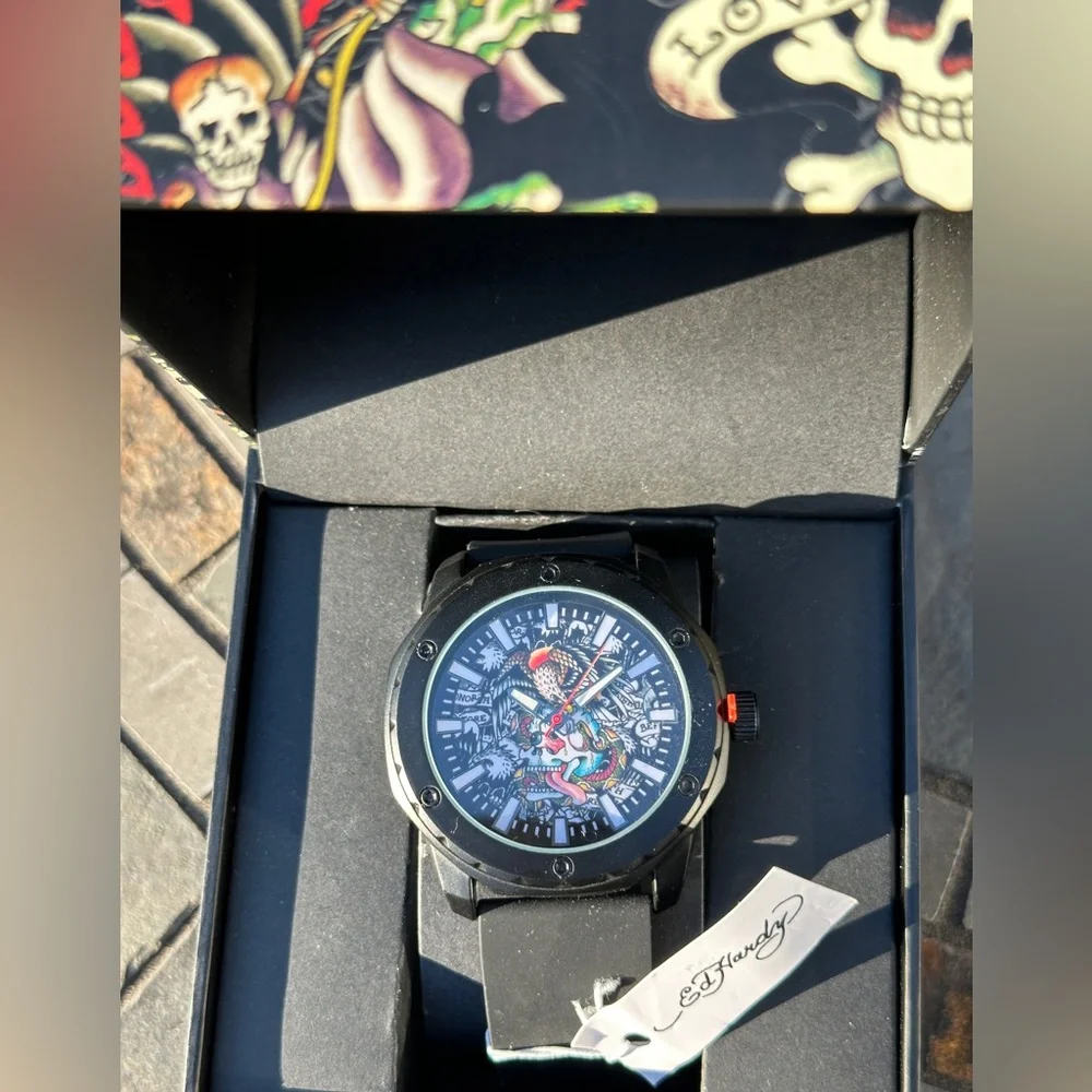 NEW Matte Black Silicone Strap Multicolor Ed Hardy Watch